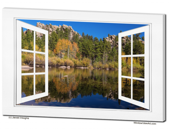 Peaceful Colorful Lakeside Open White Picture Window Frame View 32x48x1.25 Canvas Gallery Wrap